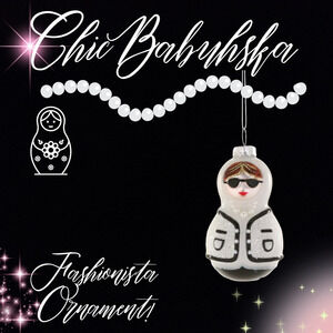 Fashionista Chic Babushka Russian Doll Ornament Black White Pearls Sunglasses